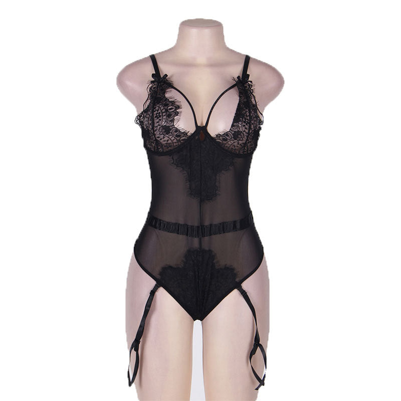 Plus Size Lace Lingerie with Garters and Open Cups