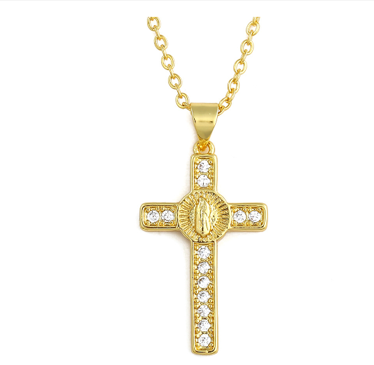 Cross with Virgin Mary Pendant Necklace - Christian Jewelry