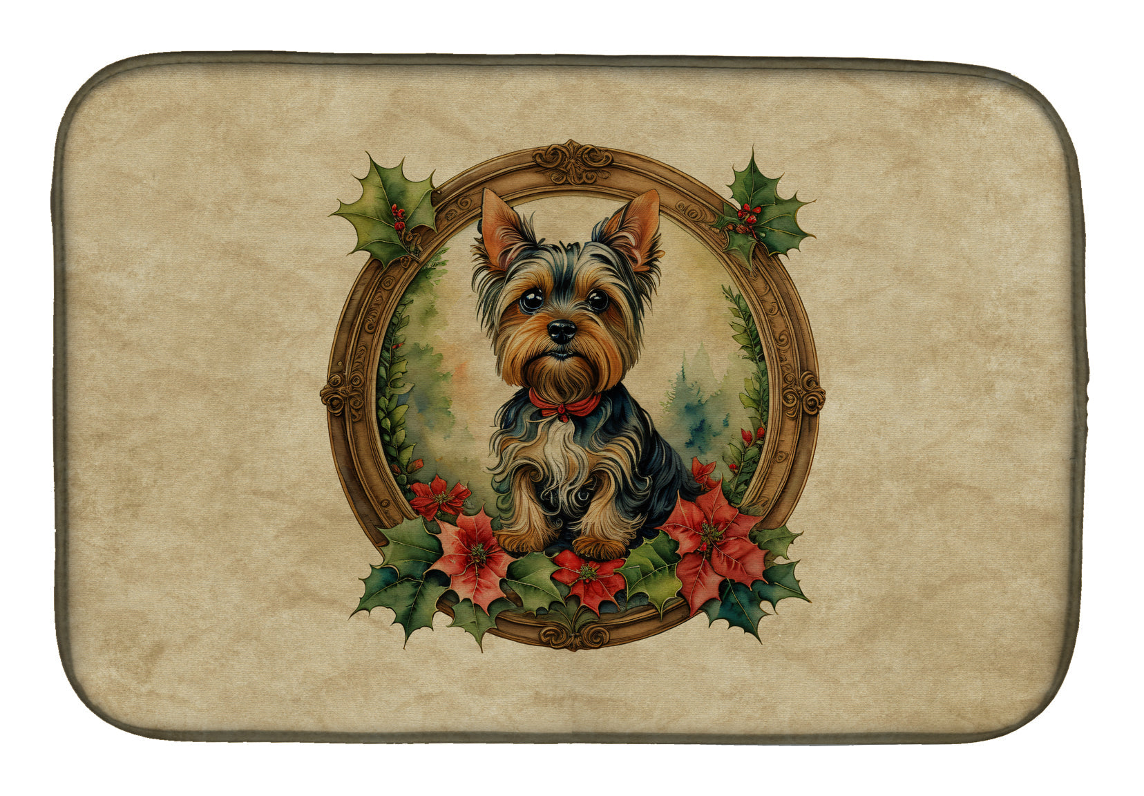 Yorkie Christmas Flowers Dish Drying Mat