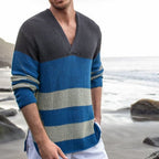 Men's Thick V-Neck Long Sleeve Contrast Striped Sweater