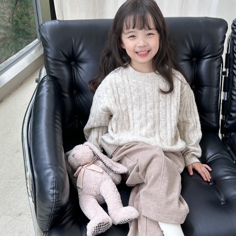 Girls' Stylish Round Neck Twist Knit Cotton Sweater