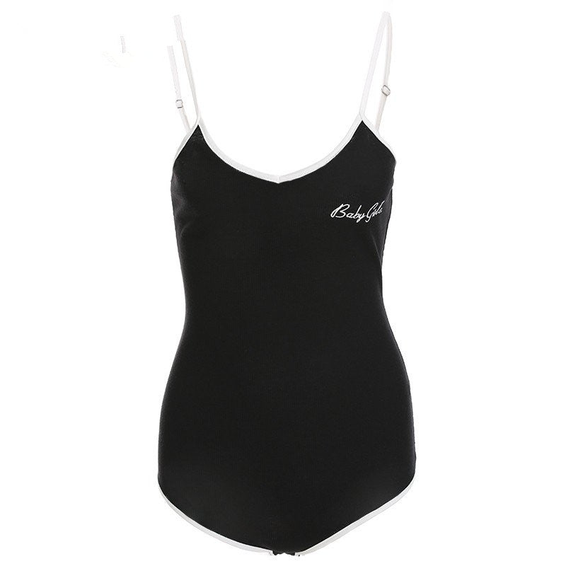Fashionable Embroidered Letter Pattern V-Neck Bodysuit