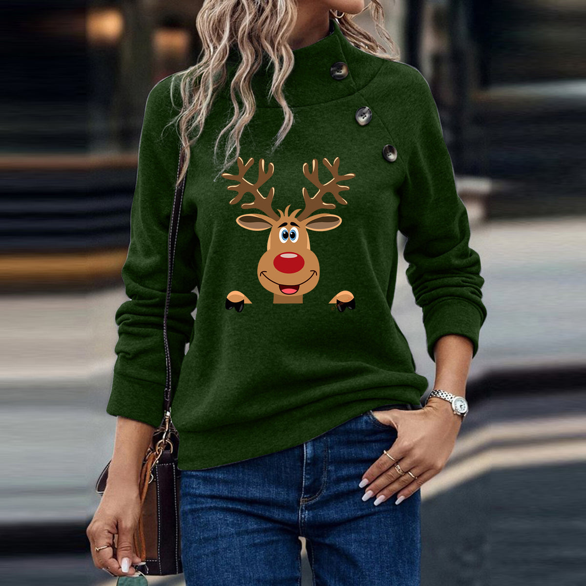 Deer Cartoon Turtleneck Long Sleeve Sweater for Women