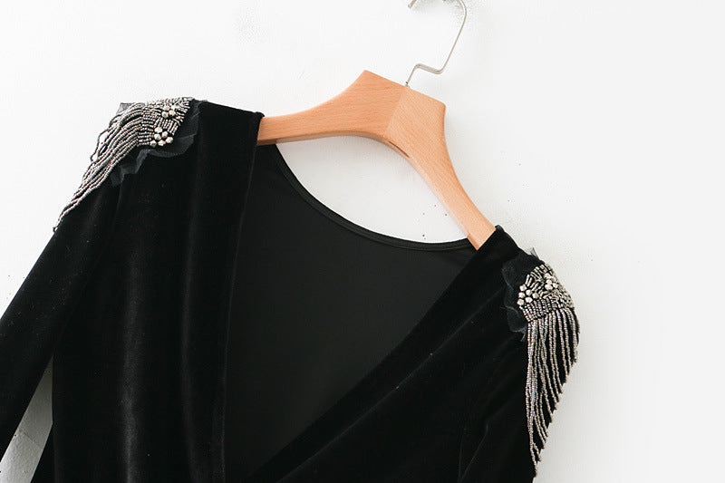 Velvet T-Shirt with Beaded Design, Bodysuit Top