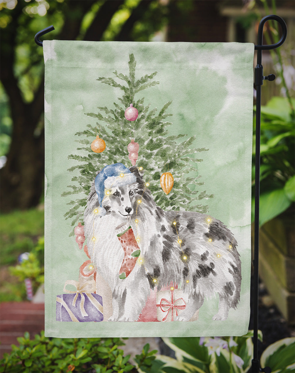 Sheltie Blue Merle Christmas Presents and Tree Garden Flag