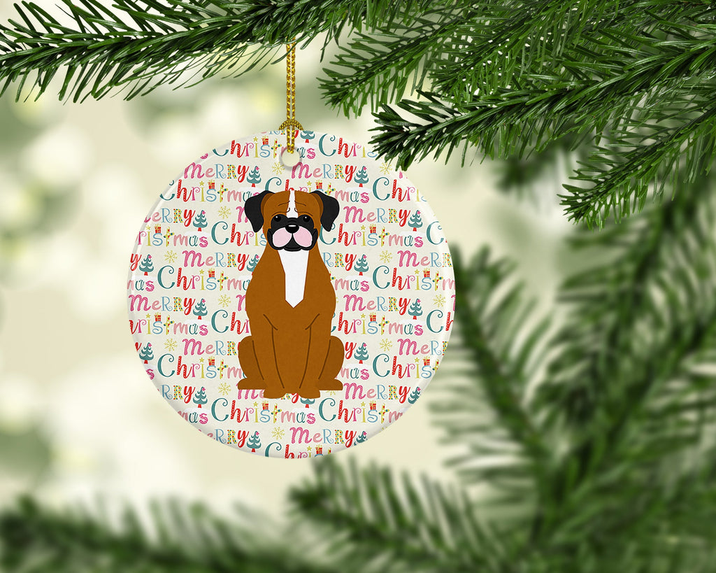 Merry Christmas Flashy Fawn Boxer Ceramic Ornament