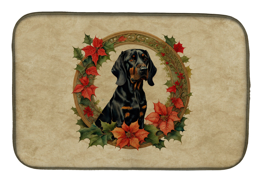 Black and Tan Coonhound Christmas Flowers Dish Drying Mat