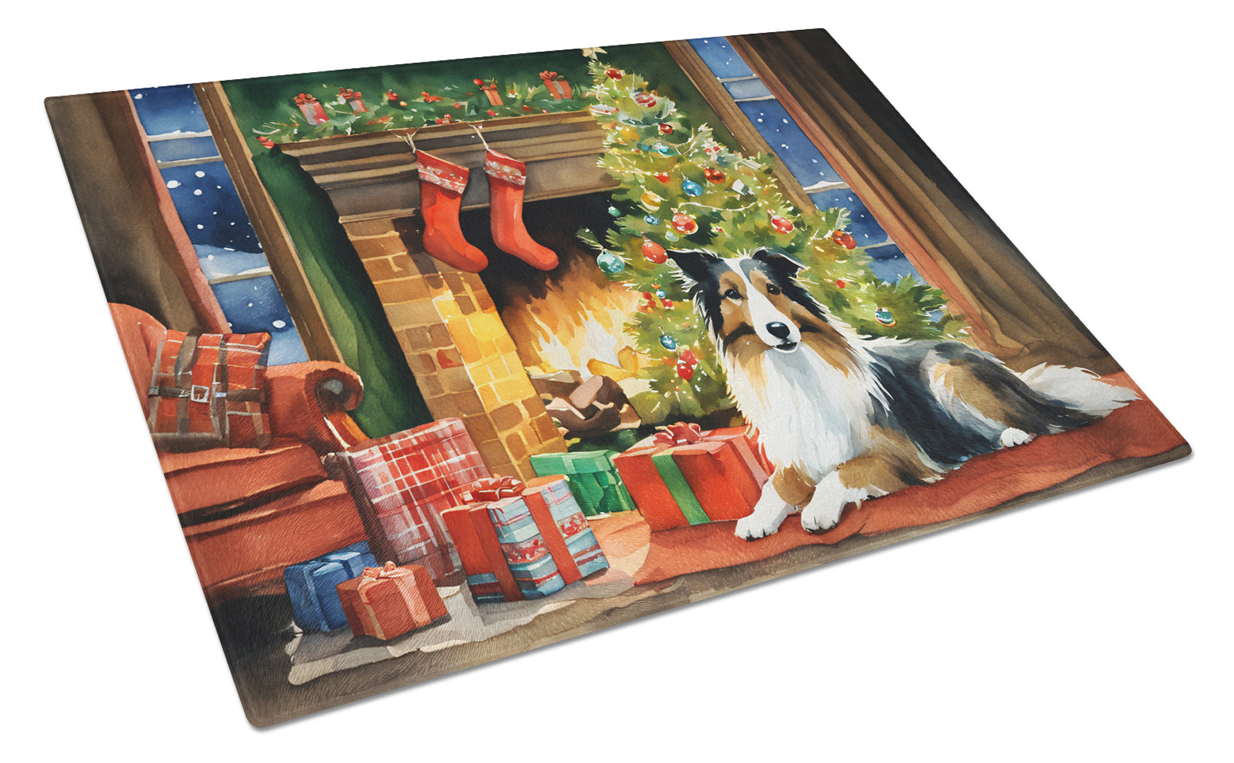 Sheltie Cozy Christmas Glass Cutting Board
