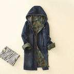 Ladies Camouflage Long Hooded Denim Jacket