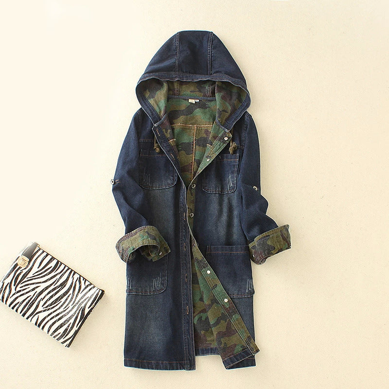 Ladies Camouflage Long Hooded Denim Jacket
