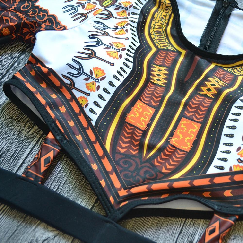 Women's Black Multi-Strap Printed Long Sleeve Bikini