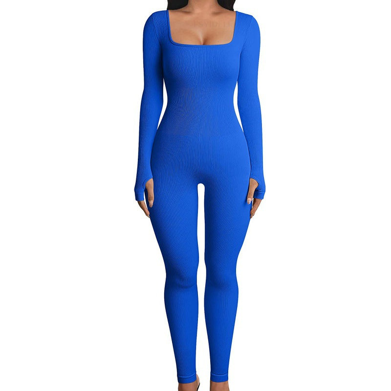 Autumn Winter Women's Ribbed Bodysuit with Square Neck