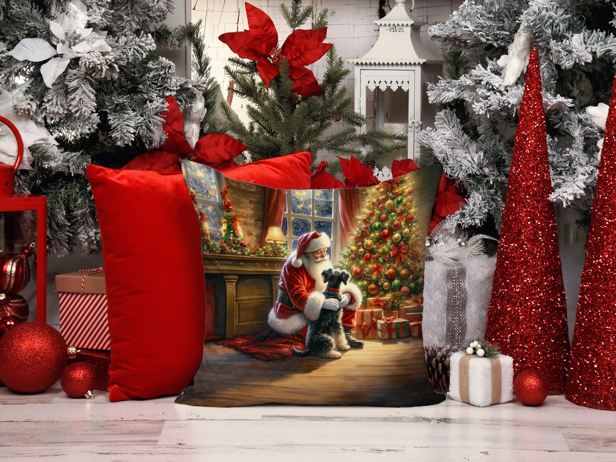 Schnauzer and Santa Claus Throw Pillow