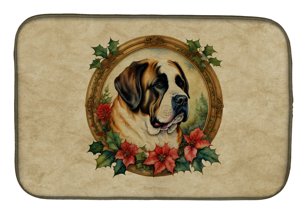 Saint Bernard Christmas Flowers Dish Drying Mat