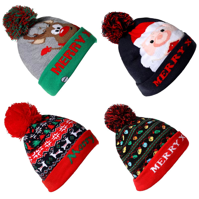 New Style! LED Christmas Hat Beanie Light up Illuminate Warm Hat 48 Patterns New Year Snowman Sweater Hat Christmas Decorations | Embroidered Cap