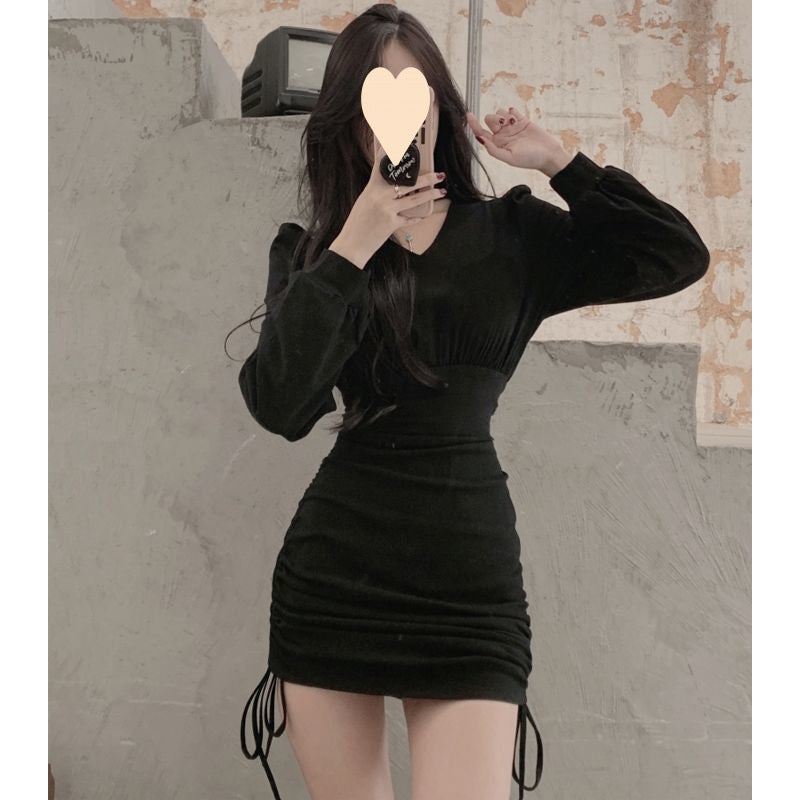 Fleece-Lined V-Neck Halter Dress with Drawstring Waist