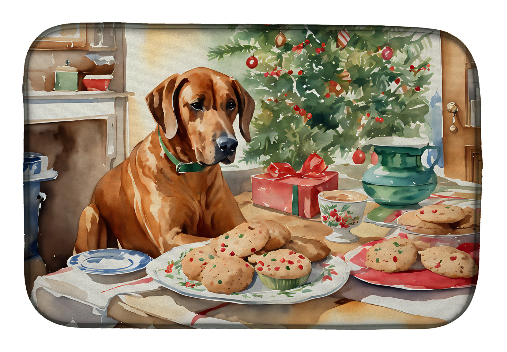 Rhodesian Ridgeback Christmas Cookies Dish Drying Mat