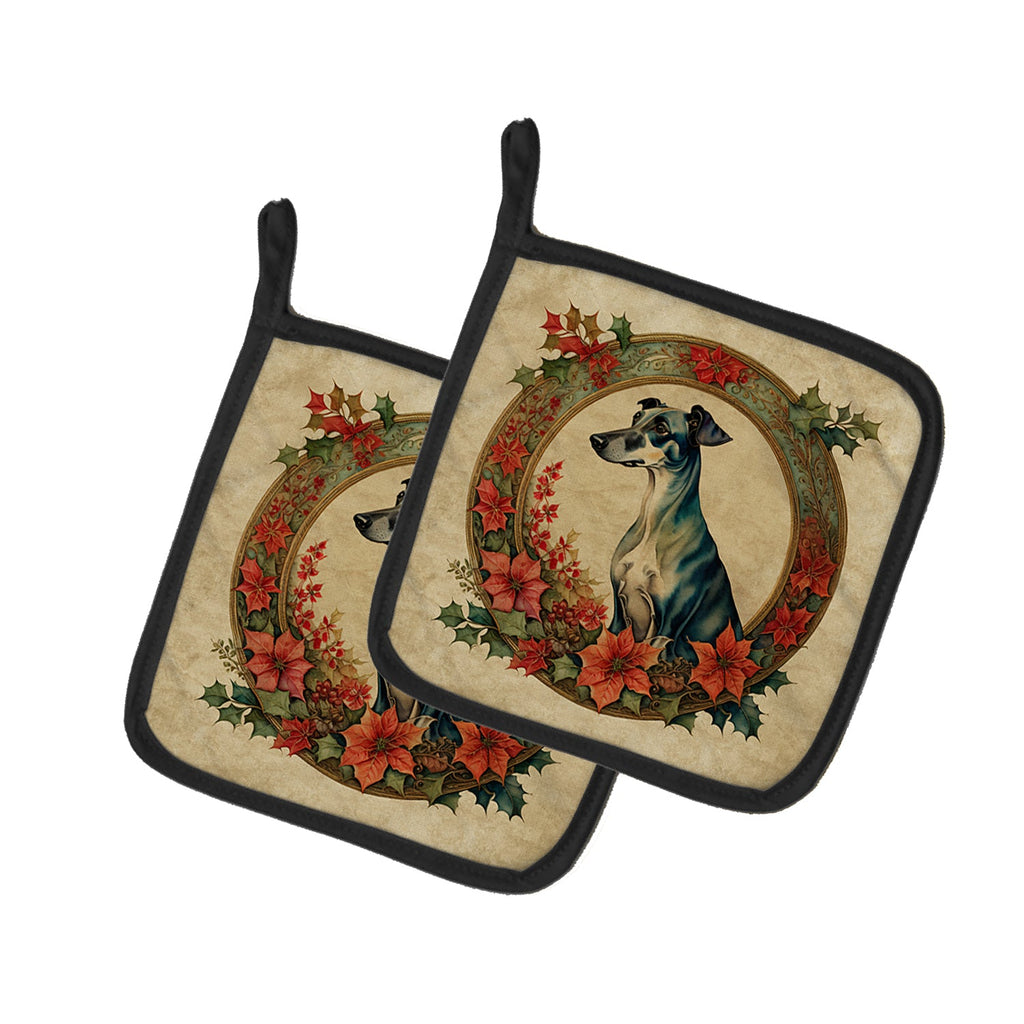 Greyhound Christmas Flowers Pair of Pot Holders