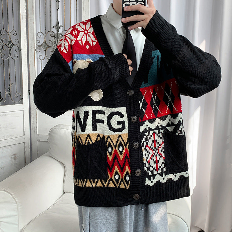 Jacquard Bear V-neck Cardigan Sweater for Couples