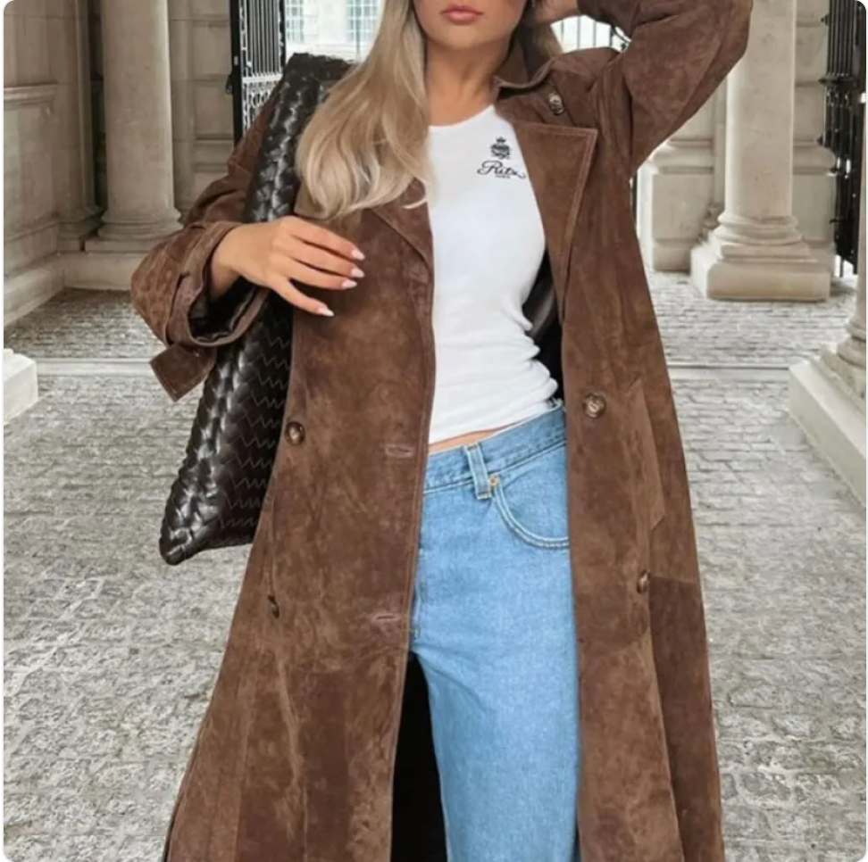 Women's Double-Breasted Polo Collar Trench Coat for Fall & Winter