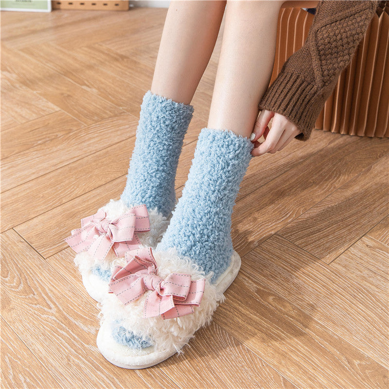 Women's Coral Fleece Striped Mid-Calf Sleeping Socks