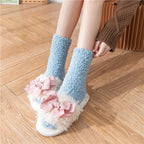 Women's Coral Fleece Striped Mid-Calf Sleeping Socks