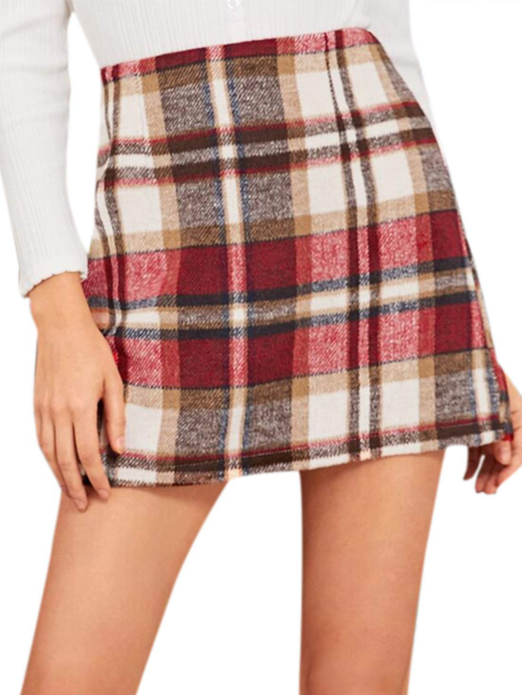 High-Waisted Plaid Tight Pencil Wool Mini Skirt