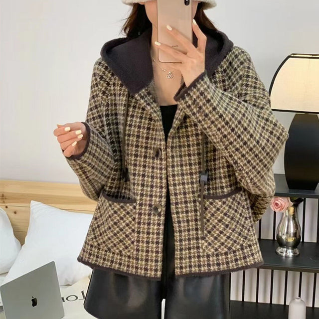Vintage Plaid Hooded Women's Sweater Jacket Cardigan
