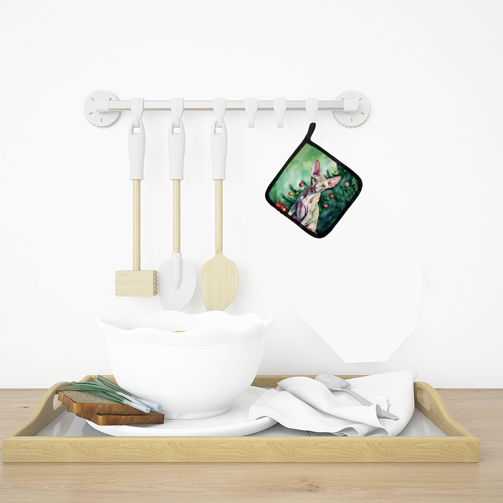 Peterbald Cat By the Christmas Tree Pair of Pot Holders