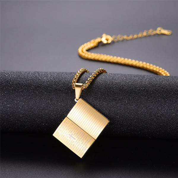 Lord's Prayer Cross Pendant Necklace - Stainless Steel Christian Jewelry