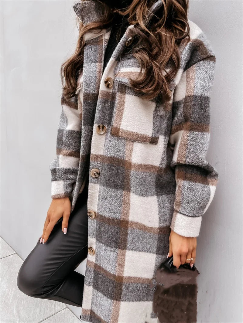Women's Long Check Tweed Cardigan with Pockets