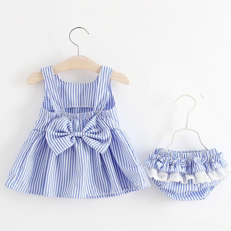 Summer Girls' Cotton Striped Dress and Shorts Set