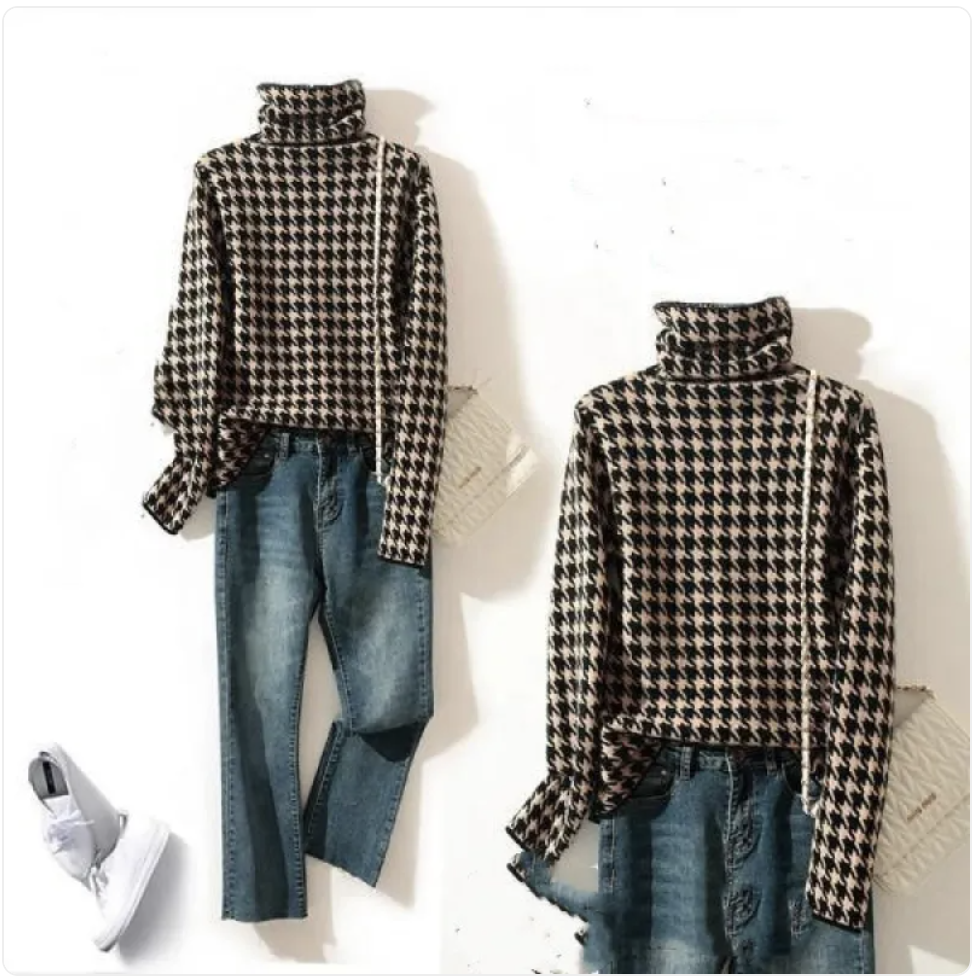 Thick Houndstooth Turtleneck Pullover Sweater