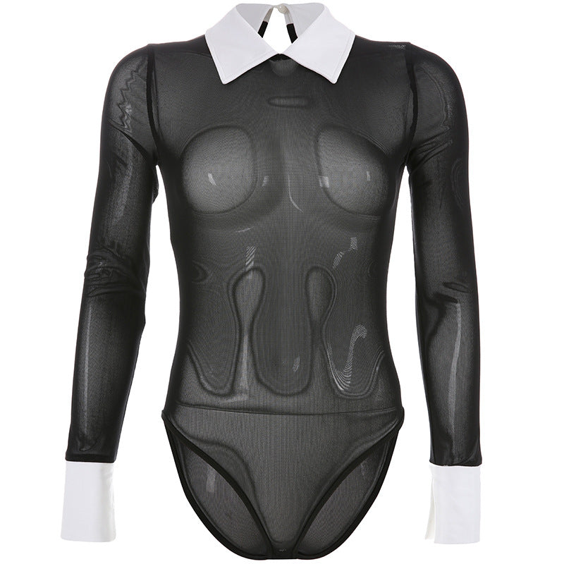 Chic Mesh-Panel Long Sleeve Bodysuit for Women
