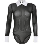 Chic Mesh-Panel Long Sleeve Bodysuit for Women