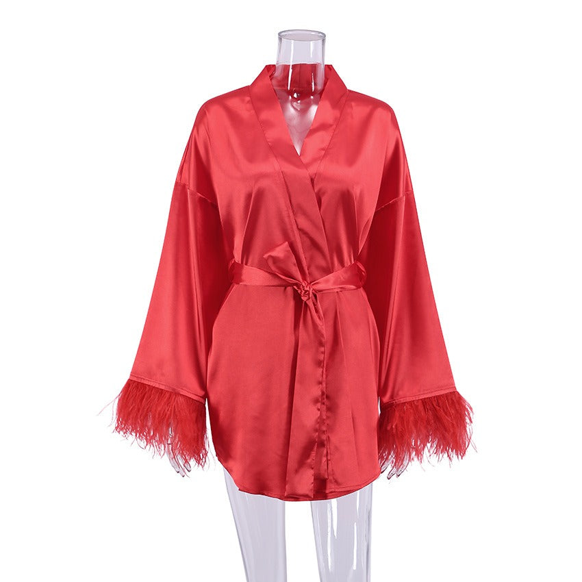 Feather Trim Silk-Feel Long Sleeve Nightgown
