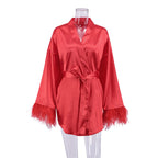 Feather Trim Silk-Feel Long Sleeve Nightgown