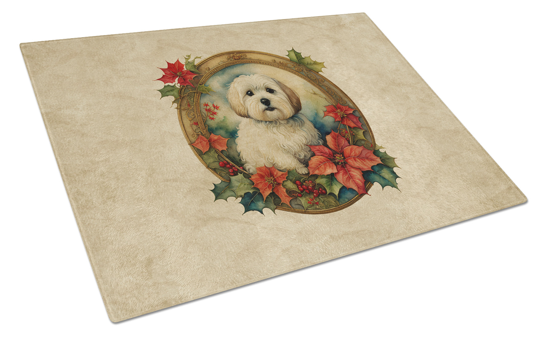 Coton De Tulear Christmas Flowers Glass Cutting Board