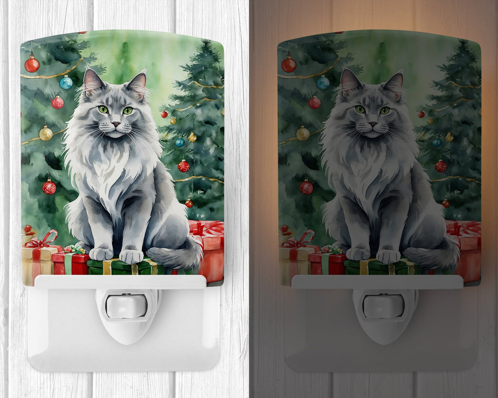 Nebelung Cat By the Christmas Tree Ceramic Night Light