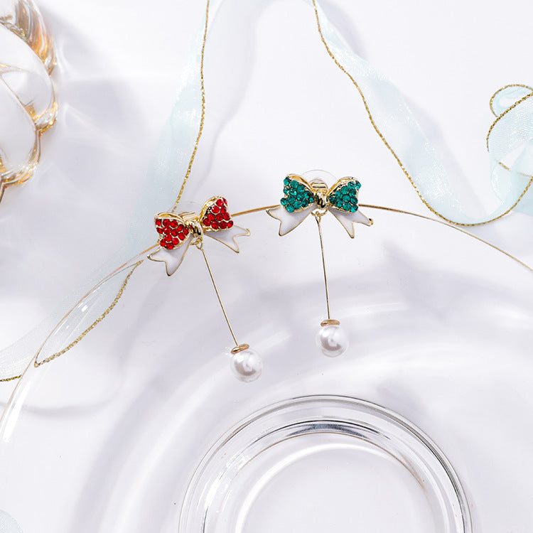 Silver Christmas Pearl Bow Earrings with Tassels