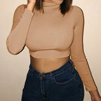 Autumn Women's Long Sleeve O-neck Crop Top T-shirt