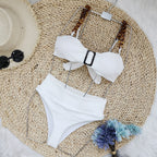 High-Waisted Strapless Bikini in White Ribbed Fabric