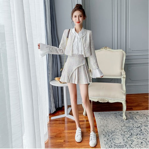 Women's Tweed Jacket and Pleated Shirt Set