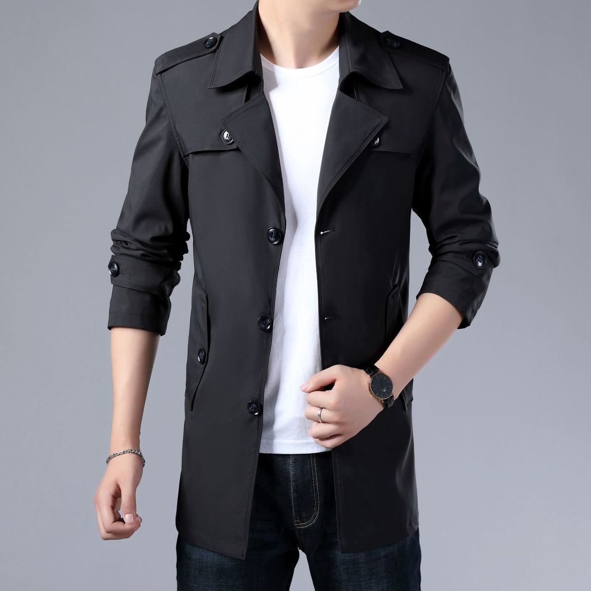 Men's Classic Slim Trench Coat with Buttons