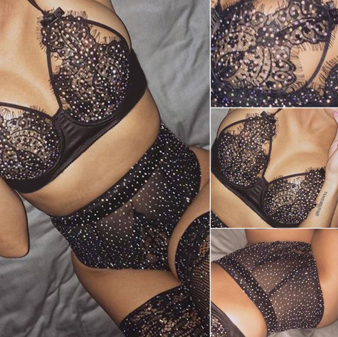 Rhinestone Sheer Lace Bra and Panty Lingerie Set