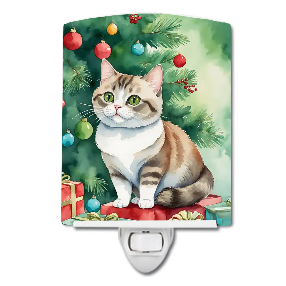Munchkin Cat By the Christmas Tree Ceramic Night Light