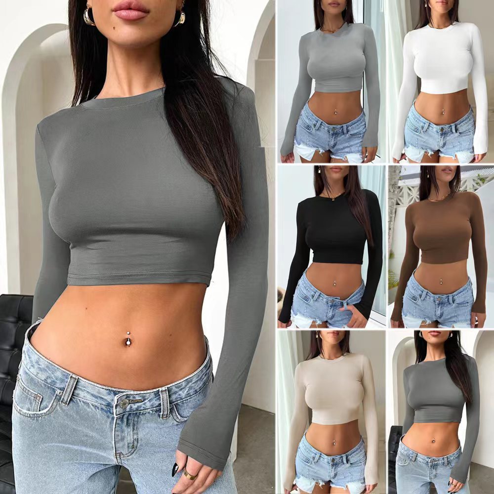 Cross-Border Autumn Winter Crop Top Long Sleeve Tee