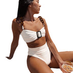 High-Waisted Strapless Bikini in White Ribbed Fabric