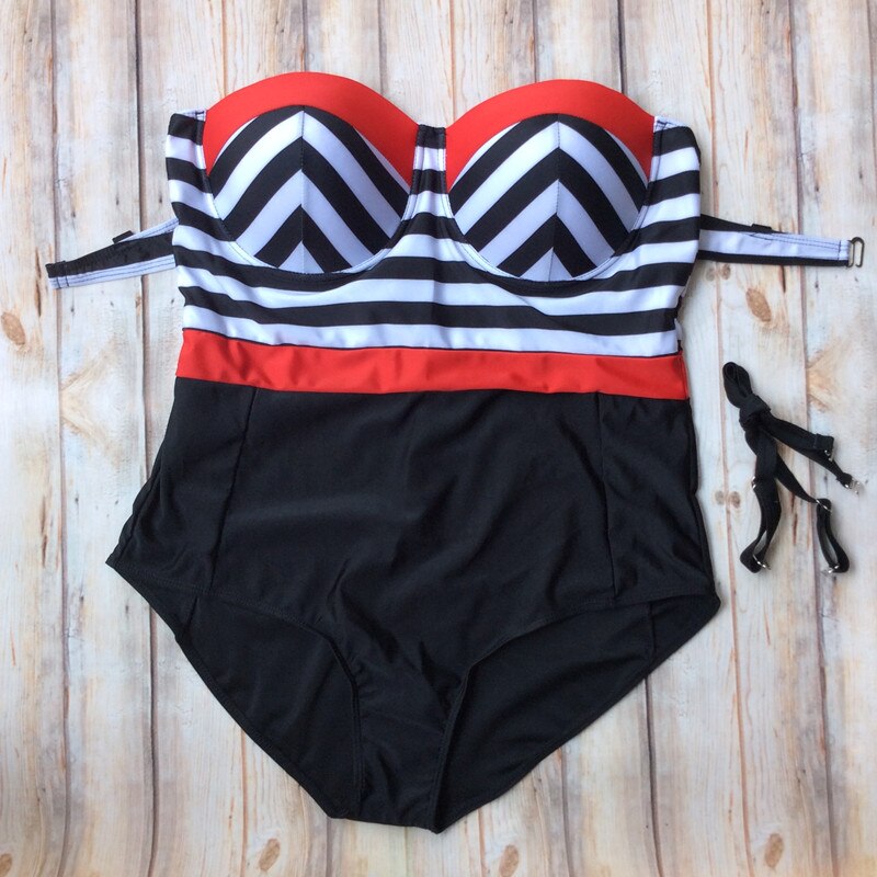 Black and White Striped Plus Size Women's Swimsuit