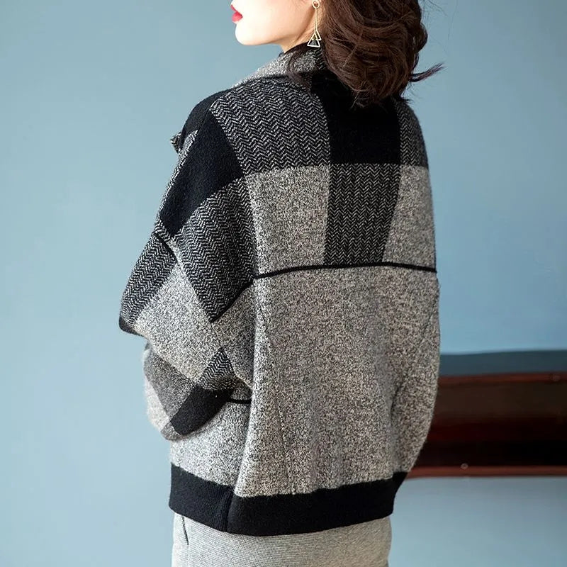 Checkered Woolen Short Coat for Women - 2024 Autumn